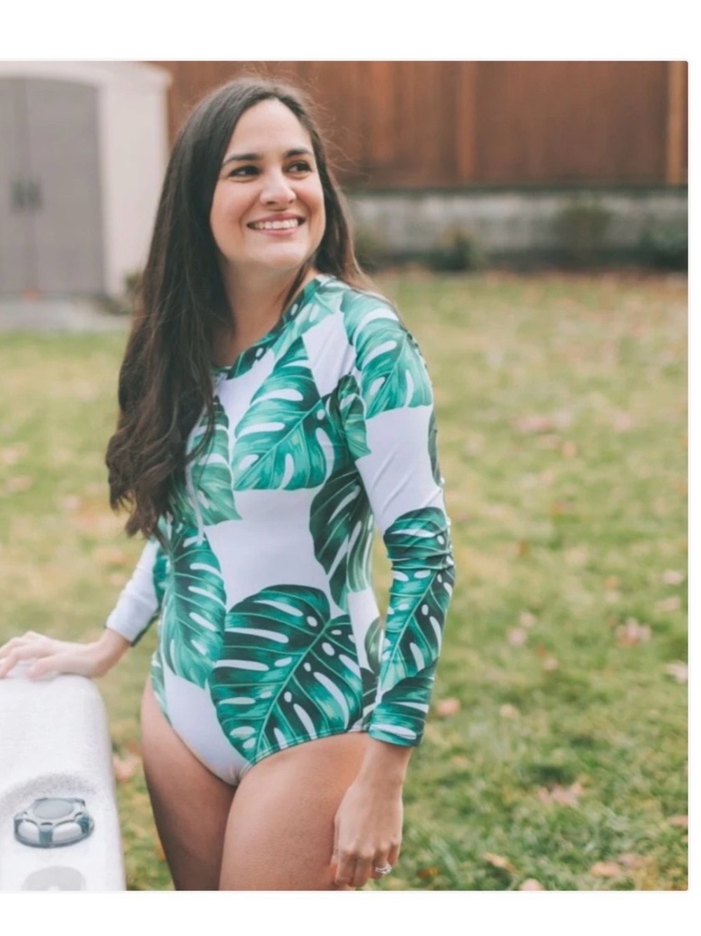 Green Tropical Leaf Long-Sleeve One-Piece Swimsuit